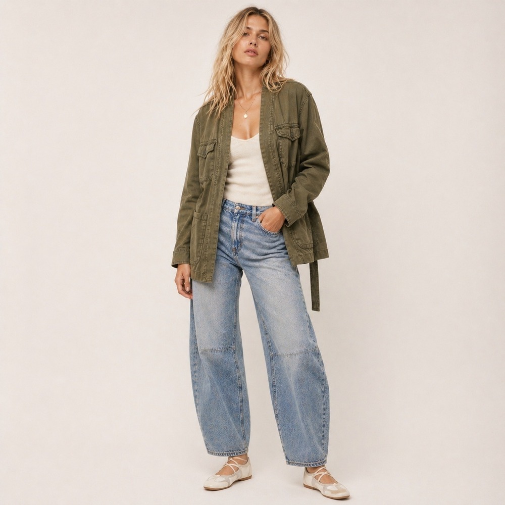 Free People Oversized Belted Utility Jacket Olive Green Sz S